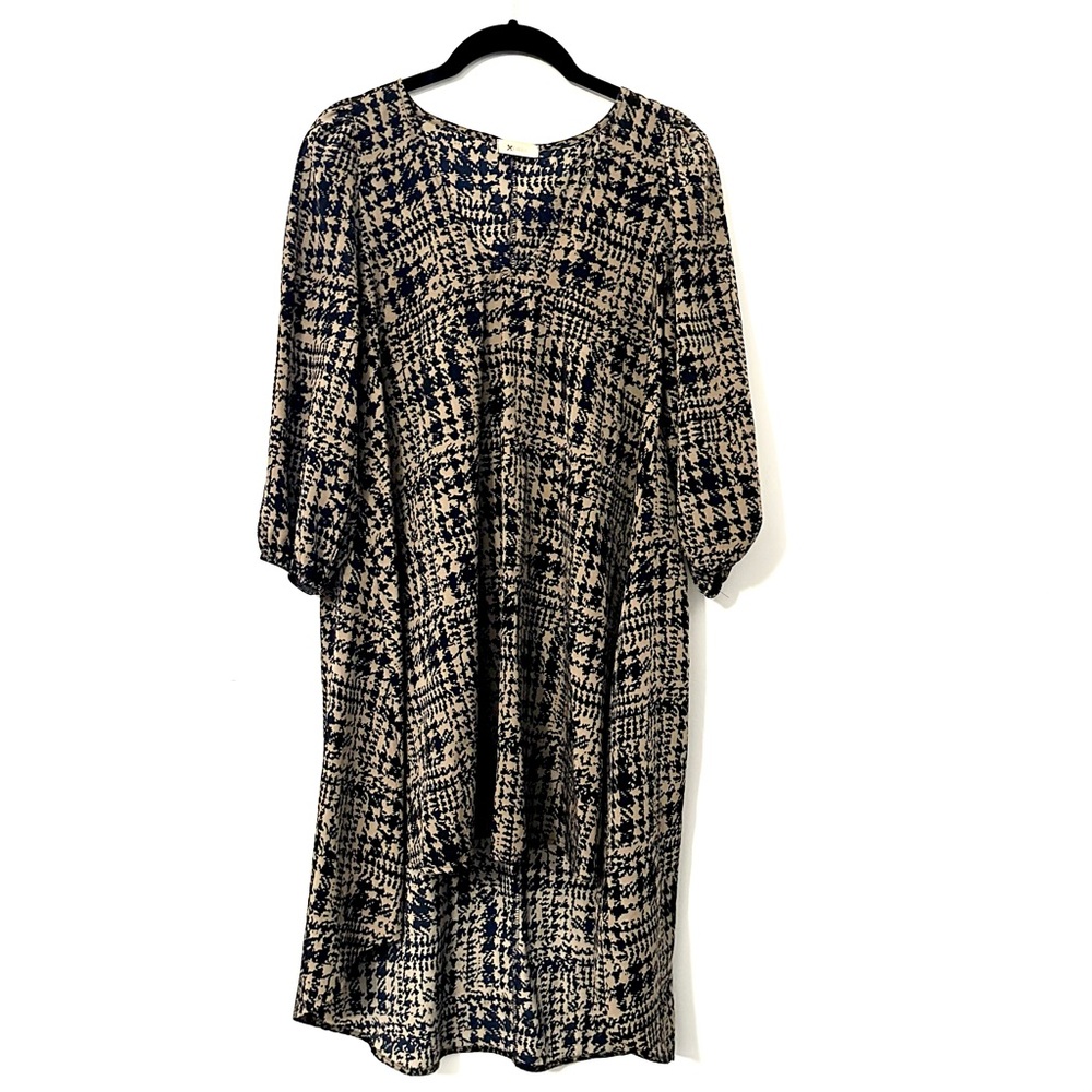 Everly Cream and Midnight Blue Abstract Patterned High Low Dress